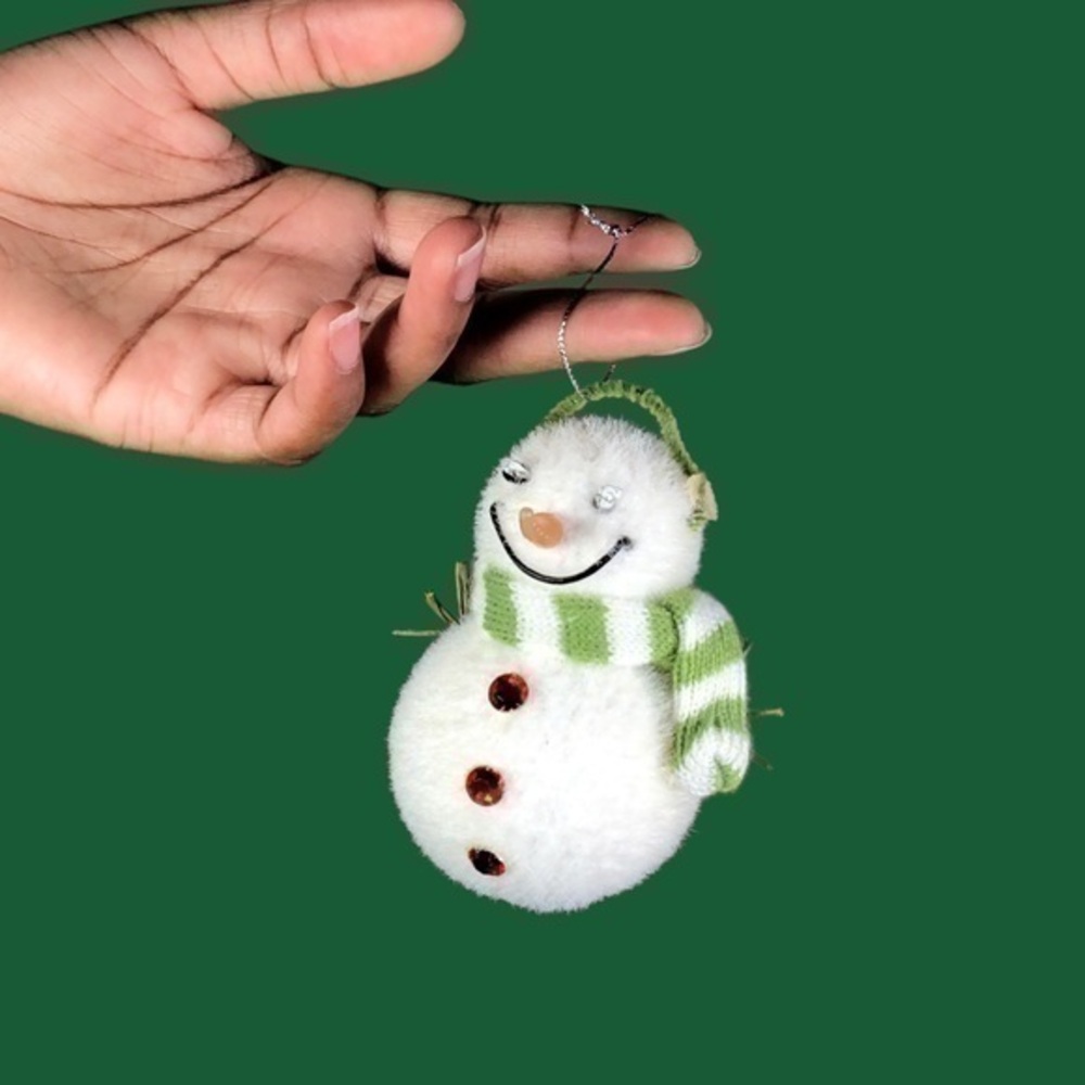 Prickly Snowman with a Striped Scarf and Res Buttons Christmas Ornament -Eggnog2